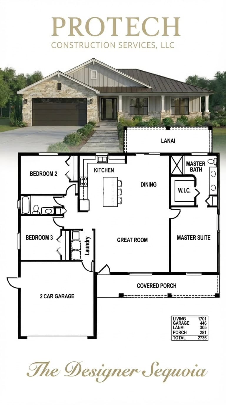 The Designer Sequoia elevation rendering and floor plan
