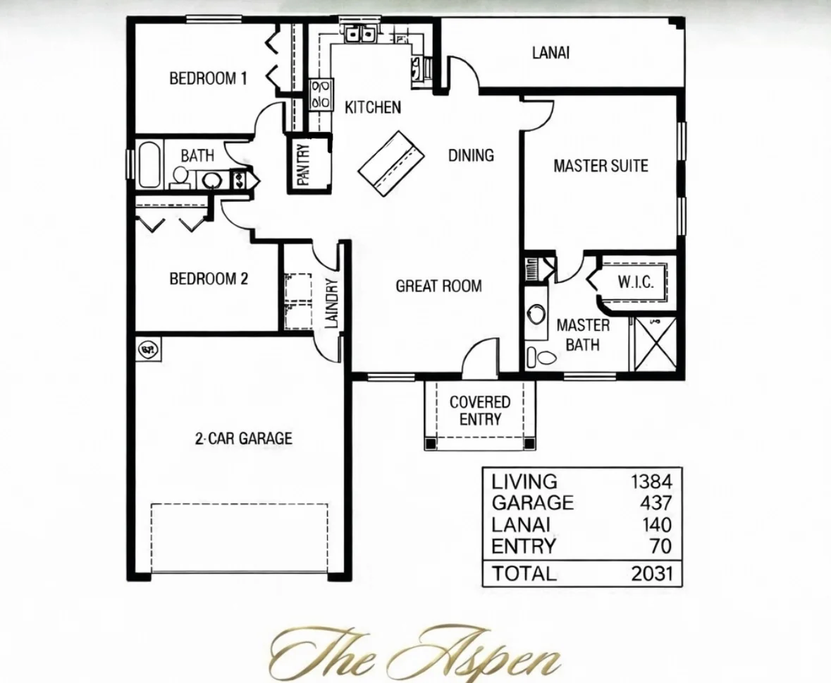 The Aspen floor plan with room layout and square footage breakdown