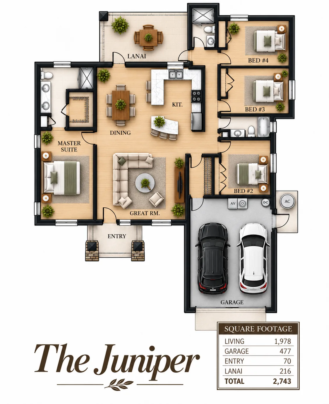 The Juniper floor plan with room layout and square footage breakdown