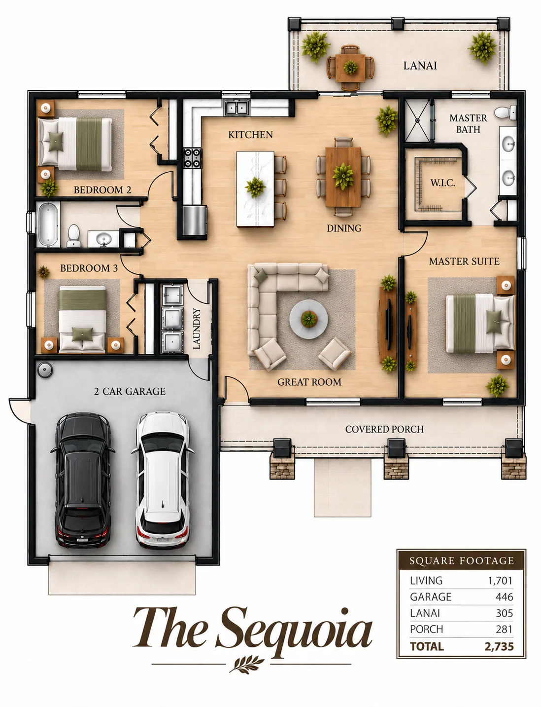 The Sequoia floor plan with room layout and square footage breakdown